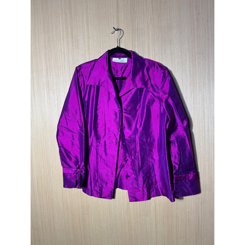 Marisa Baratelli Magenta Purple 100% Thai Silk Button Front Blouse Tie Cuff XL